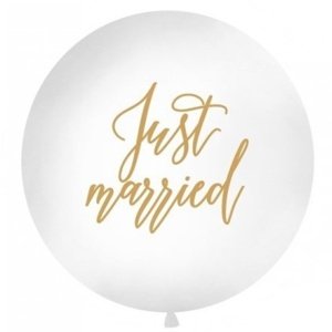 Balón jumbo bílý + zlatý "Just Married" 1 m