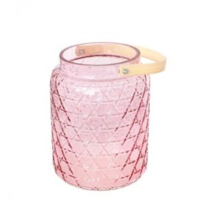 Lucerna skleněná růžová s bambusovým držadlem 18 x 26,7 cm