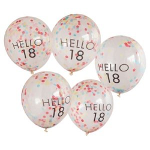 Balónky průhledné 30 cm s konfetami  Hello 18 s konfetami 5 ks