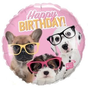Balónek fóliový "Happy birthday" štěňata s brýlemi 45 cm
