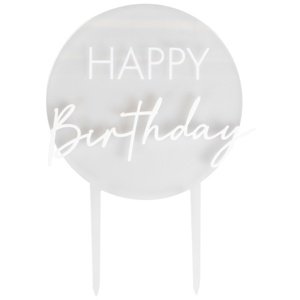 Zápich na dort akrylový Happy Birthday bílý 18 x 12 cm