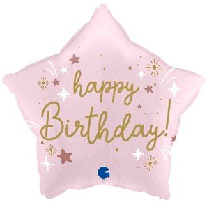 Balónek fóliový Hvězda Happy Birthday světle růžová 46 cm