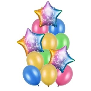 Balónkový buket - 3 foliové duhové hvězdy - 9 balónků duhových 30 cm