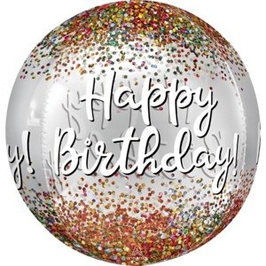 Foliový balonek koule Orbz konfetový Happy Birthday 40 cm