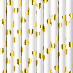 Papírová brčka bílá - Zlatá srdíčka - 10 ks