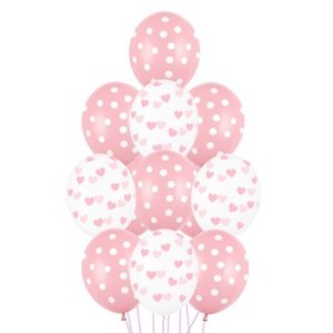 Balonkový buket puntíky a srdíčka růžový - 12 ks