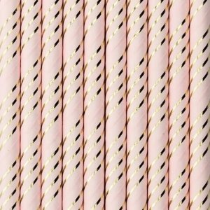 Papírová brčka růžová - zlaté pruhy 10 ks