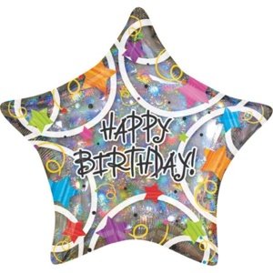 Foliový balonek hvězda s geometrickými tvary - Happy Birthday 48 cm