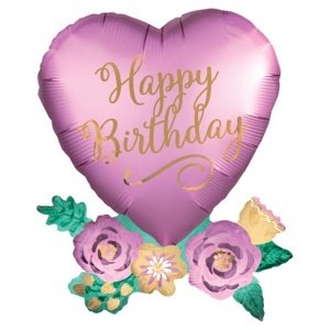 Foliový balonek srdce Satin -  flowers Happy Birthday - 58 x 76 cm