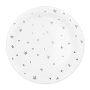 EKO Papírové talíře bílé se stříbrnými hvězdičkami 18 cm - 6 ks
