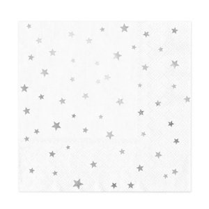Papírové ubrousky bílé se stříbrnými hvězdičkami, 10 ks - 33 cm x 33 cm