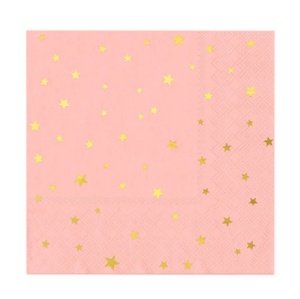 Papírové ubrousky růžové se zlatými hvězdičkami, 10 ks - 33 cm x 33 cm