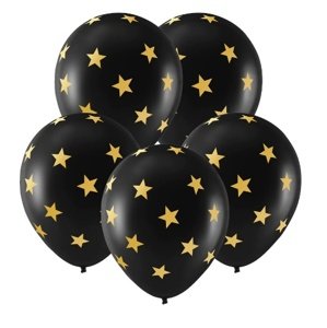 Černé balonky s potiskem zlaté hvězdy - 30 cm, 5 ks