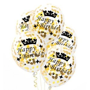 Průhledné balonky Happy Birthday s zlatými konfetami - 30 cm, 5 ks