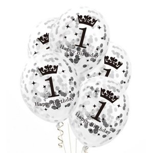 Průhledné balonky První narozeniny se stříbrnými konfetami - 30 cm, 5 ks