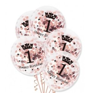 Průhledné balonky První narozeniny s RoseGold konfetami - 30 cm, 5 ks