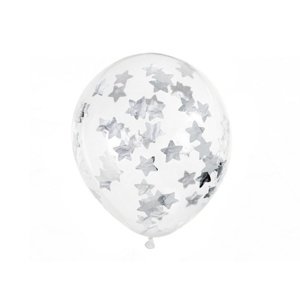 Průhledné balonky se stříbrnými konfetami hvězdy, 30 cm - 6 ks