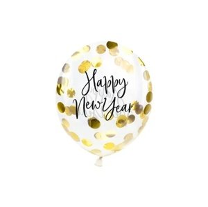 Průhledné balonky se zlatými konfetami Happy New Year, 27 cm - 3 ks