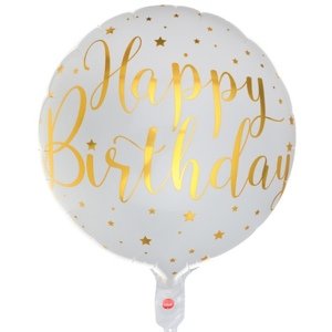 Foliový balonek - bílý se zlatými hvězdami - Happy Birthday 45 cm