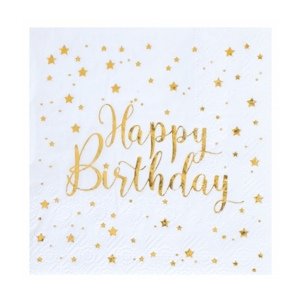 Papírové ubrousky bílé se zlatými hvězdami - Happy Birthday  20 ks