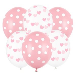 Balonky růžové s potiskem 30 cm - puntíky a srdíčka, 6 ks