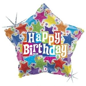 Foliový holografický balonek Hvězda Happy Birthday barevný