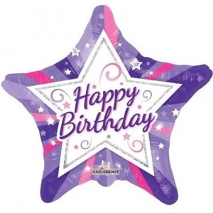 Foliový balonek hvězda fialová Happy Birthday 46 cm