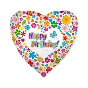 Foliový balonek srdce s kytičkami Happy Birthday 46 cm - Nebalený