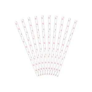 Papírová brčka bílá - růžová srdíčka - 10 ks